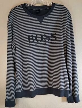 Hugo Boss Mens Pullover Navy Gray Striped Jumper Spellout Sweater Large **
